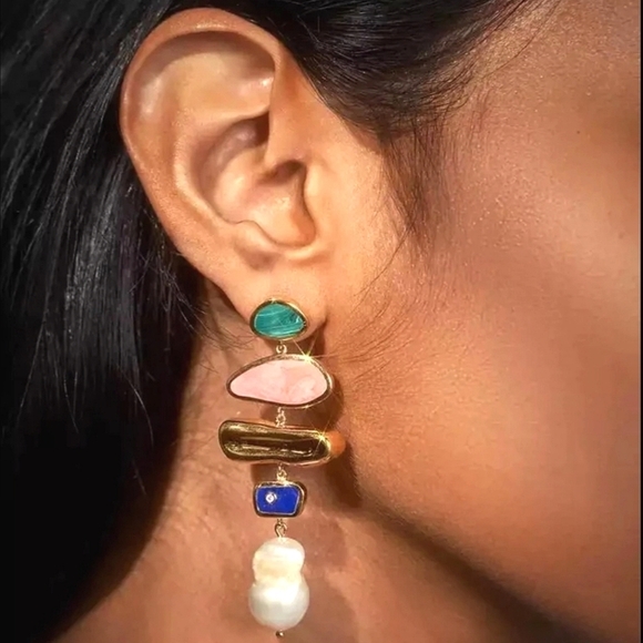 Gold Faux pearl earrings statement pink blue boho drop dainty party 💖2/$30 - Picture 1 of 10